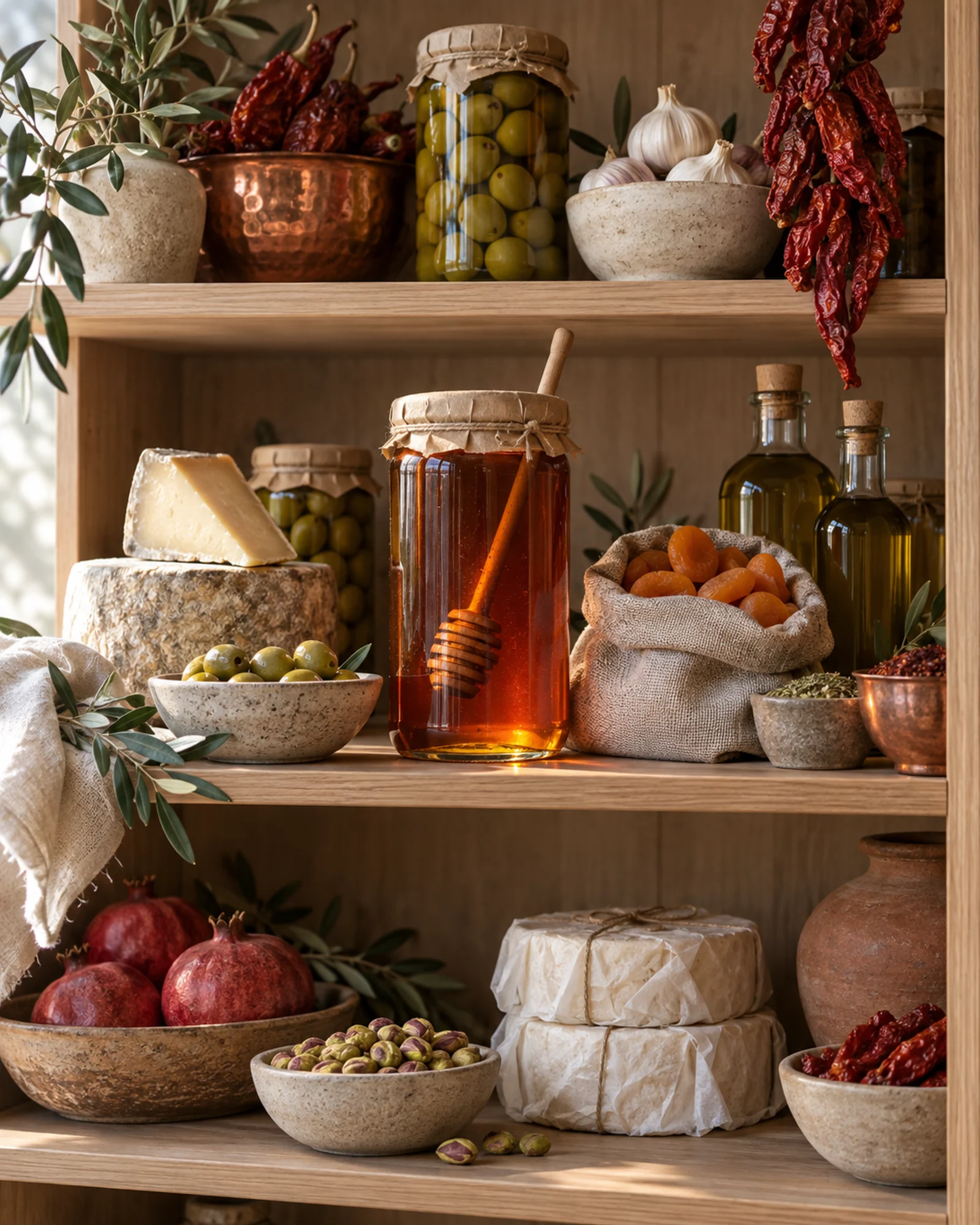 Ahşap raflarda bal kavanozu, peynir tekerleri, zeytin ve kuru kayısı.